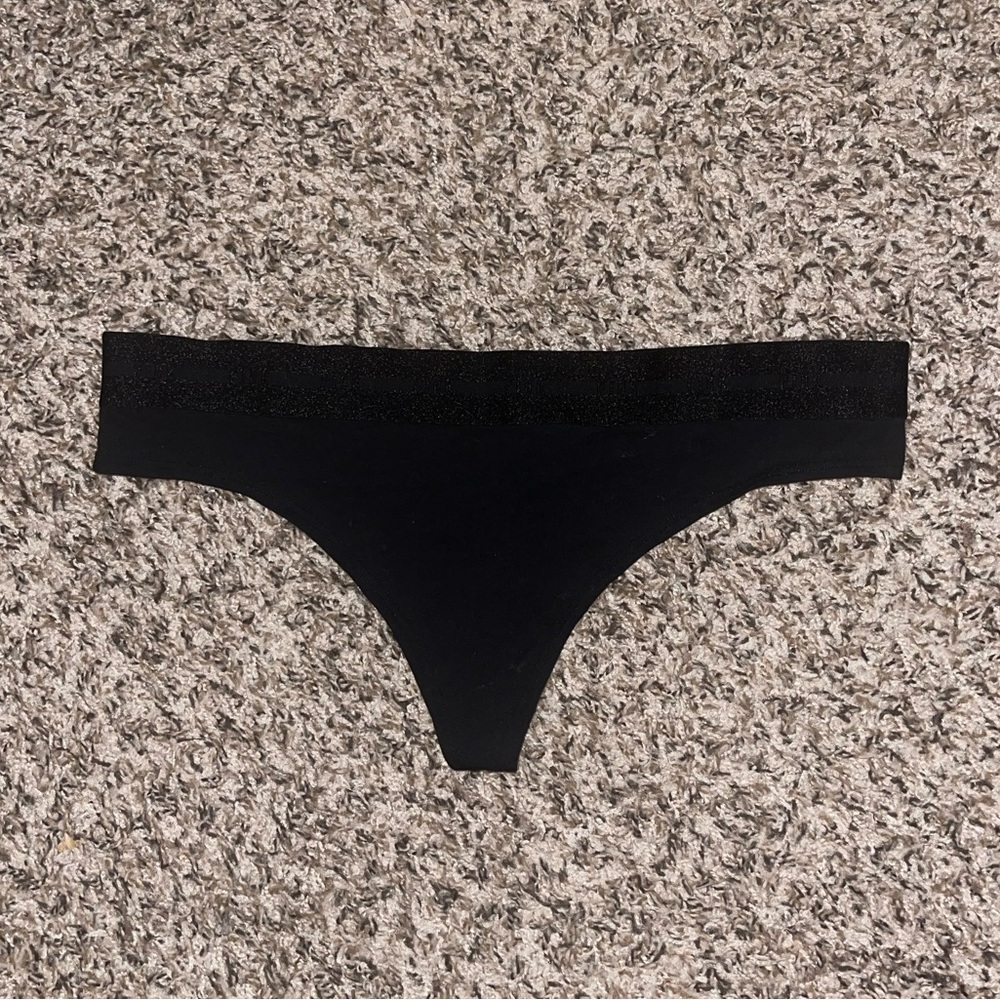 PINK Victoria's Secret Black Logo Band Thong NWT